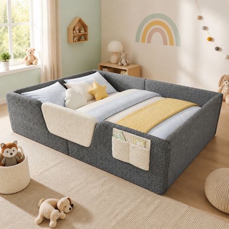 Letto imbottito in velluto grigio 140x190 cm con sponde removibili e tasca portaoggetti