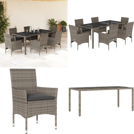 7-tlg. Garten-Essgruppe mit Kissen Grau Poly Rattan und Glas - Gartentisch - Gartenmöbel Set - Outdoor Möbel - Esstisch - Gartenstühle - Home & Living (1/5)