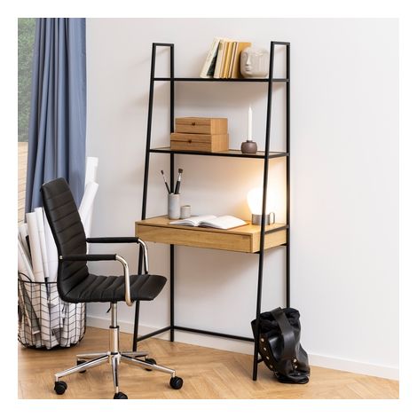 Hellin – Étagère de bureau 2 tablettes de rangement 1 tiroir – Teinte naturelle – Structure légère en bois – Design moderne et élégant (1/6)