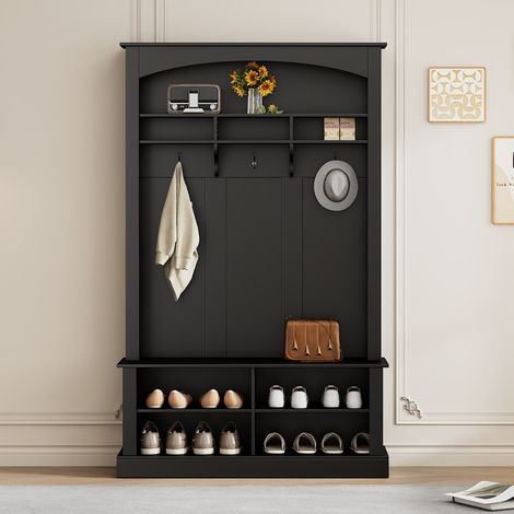 Flurmöbel 120x40x190cm – mit Bank und Schuhregal, 3 Haken – rechteckig – schwarz (1/5)