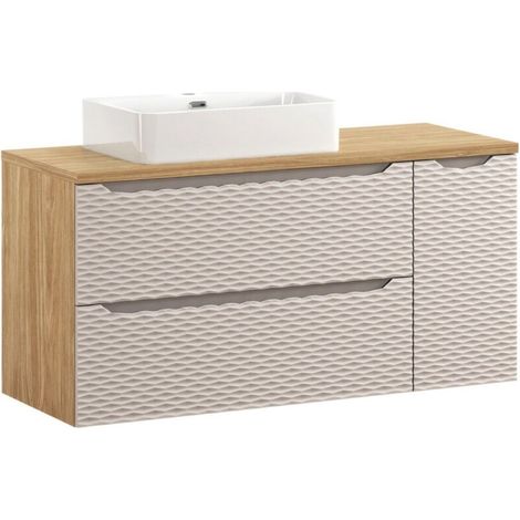 Set da bagno YOKA beige: mobile sotto lavabo con cassetti e armadietti 120 cm + piano per lavabo + lavabo da appoggio