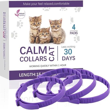 Lot de 4 Collier Anti Stress Chat, Violet Collier Anti-Anxiété Aux Phéromones Naturelles avec Taille Réglable, Colliers pour Soulager L'anxiété Dure 30 Jours pour Petits et Grands Chat (1/4)