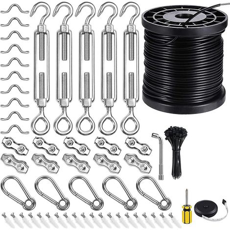 Kit de suspension pour guirlande lumineuse extérieure, kit de câblage, kit de fixation pour voile d&aposombrage, noir, 2mm x 50mètres (1/5)
