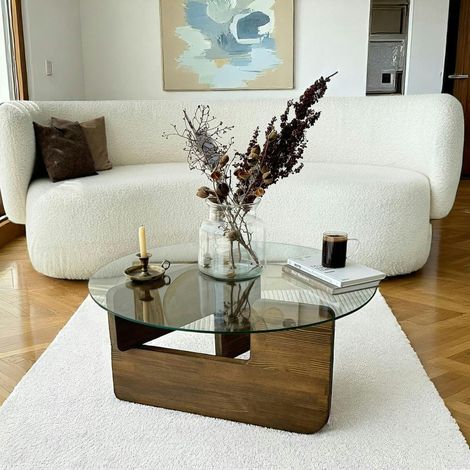 Table basse design en verre - pied bois brun ANZIO (1/5)