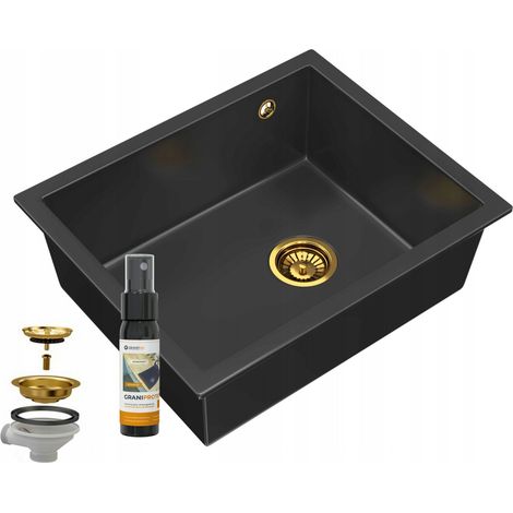 Évier Sous Plan Granit Noir SALIX avec Siphon Gold (1/5)