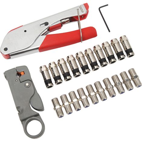 Kit de sertissage pour câble coaxial avec pince à dénuder, 10 connecteurs et adaptateurs de type F pour câble RG6