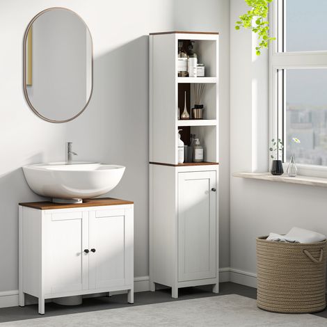 Meuble sous lavabo armoire basse avec 2 portes encadrées et étagère ajustable 60x30x60 cm blanc