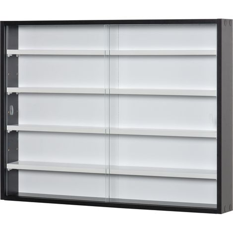 Wandvitrine mit 4 verstellbaren Einlegeböden, Glas- und Spanplatten-Ausstellungseinheit für Sammlerstücke, schwarz-weiß, 80 x 9,5 x 60 cm
