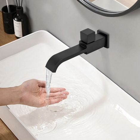 G1/2 Wandarmaturen Wandmontage Einloch Waschtischarmatur Armatur Garten Kalt Wasserhahn Waschbecken Badarmaturen Messing FüR Becken Bad KüChe Mit Quadratische Sockel Griff Moderne Schwarz (1/5)