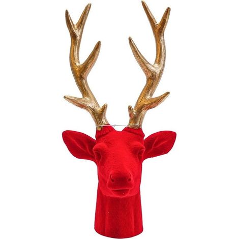 TrAdE Shop Traesio - Decorazione Natalizia A Testa Di Renna Floccata Rossa Con Corna Dorate 13.5x12x27cm 638842 - (1/2)