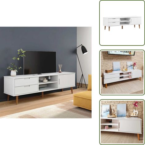 Meuble TV MOLDE Blanc 158x40x49 cm Bois de pin massif - Meuble Tv - Meuble Téléviseur - Meuble Multimédia - Télévision - Bois De Pin (1/5)