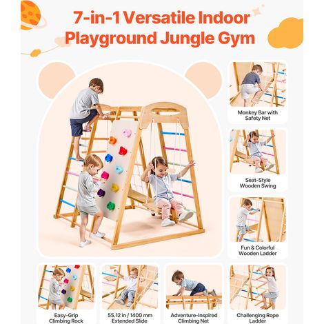 Aire de Jeux Intérieure en Bois 7-en-1, avec Balançoire, Barre de Singe, Toboggan, Échelle en Bois, Échelle de Corde, Filet et Plan… (1/5)