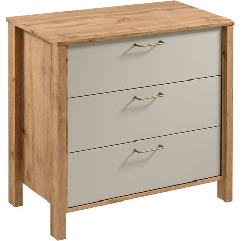 AX LIVING Kommode mit Schubladen Iseonia K3S 90cm, Eiche Wotan & Beige