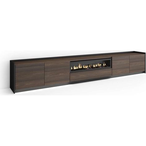 Mueble TV Genalguacil-02 de 310x50x37 cm con chimenea y luces LED, color roble oscuro y negro (1/4)