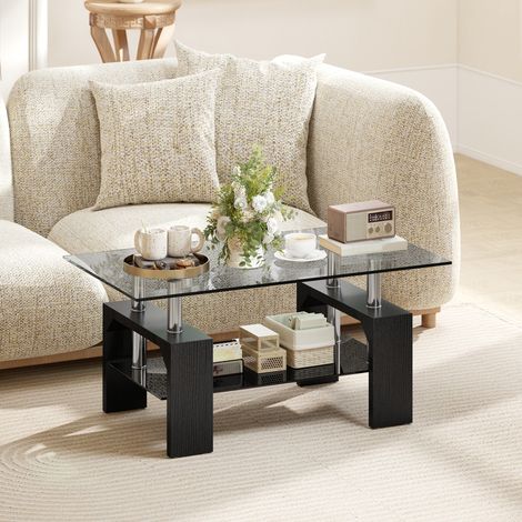 Mesa de centro moderna de 2 niveles con tablero de vidrio templado, mesa auxiliar de madera y acero, mesa de centro para sala de estar, 90x50x42 cm, negra (1/5)