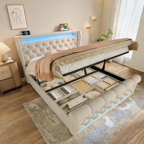 Cadre de lit beige en velours 210 x 146 x 110 cm (1/5)