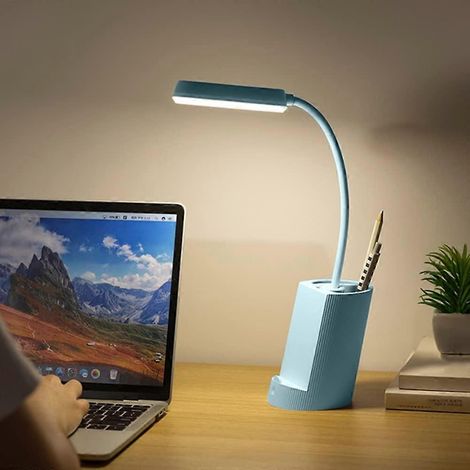 Lampe de bureau, mini lampe de chevet, port USB, intensité variable, protection des yeux, 2 niveaux de luminosité, porte-stylo, lampe de table pour veilleuse (bleue) (1/5)