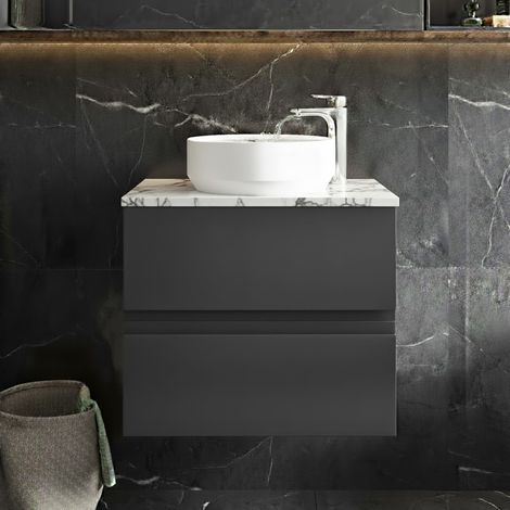 Hudson Reed Urban Wall Hung 2-Drawer Vanity Unit with Carrera Marble Worktop 600mm Wide - Satin Anthracite (1/4)