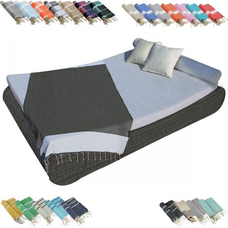 Véritable fouta Tunisienne 1m x 2m tissage à plat ou nid d'abeille 100% coton 380g - Gris foncé et blanc - Vivezen