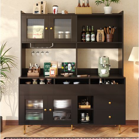 Buffet haut 145x39x171 cm en MDF noir, avec rangement, pour salle à manger FloraGrace