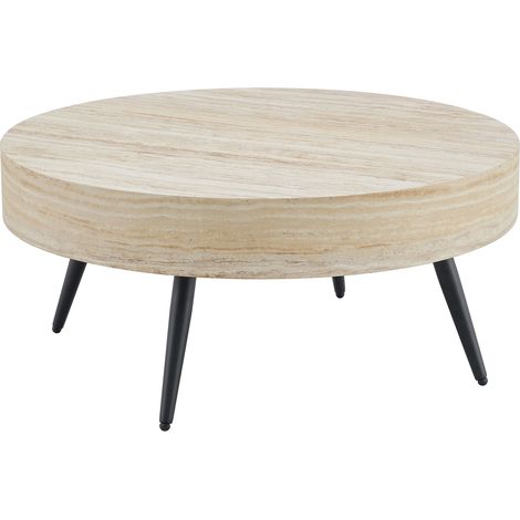 Table basse ronde de 70 cm de diamètre, aspect travertin-bois clair (MDF) et pieds en métal noirs. Design minimaliste, idéal pour le salon et les petits espaces. (1/5)