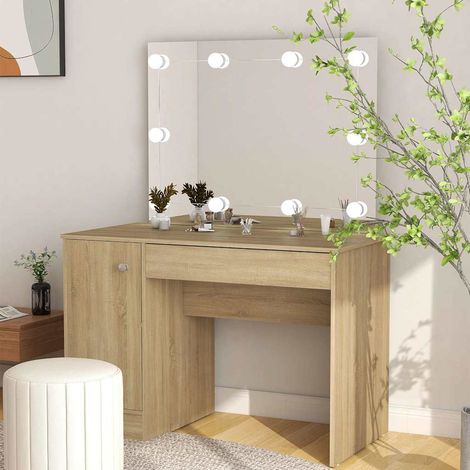 vidaXL Tocador de maquillaje con luces LED MDF roble 110x55x145 cm (1/5)