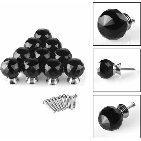 VURAHOME – Set mit 10 Türknöpfen, 30 mm Durchmesser, schwarze Kristall-Möbelknöpfe, runde Glasknöpfe, Schrank- und Schubladendekoration (1/2)