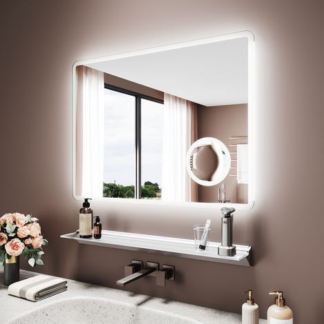 SIRHONA Miroir lumineux de salle de bain avec étagère éclairée - Lunettes antibuée avec connectivité Bluetooth, 3 températures de couleur, multiprise, 80 x 60 cm