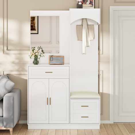 Set di mobili per ingresso stile moderno, combinazione appendiabiti e mobile per scarpe con specchio, panca imbottita e ripiani regolabili, 3 cassetti di stoccaggio - Bianco