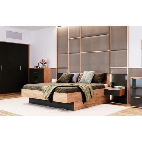 Cama LUNA con mesillas de noche suspendidas, roble claro 180x200 cm