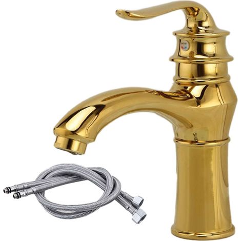 1 robinet en cuivre - Modèle court doré + tuyau d'arrivée d'eau (1/5)