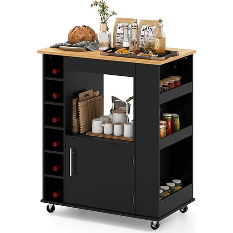 COSTWAY Kitchen Island Rolling Storage Cabinet Trolley Cart Shelves-Black (1/5)