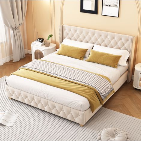 Letto matrimoniale imbottito 160x200 cm con testiera imbottita, rete a doghe e gambe in legno, velluto beige chiaro, senza materasso