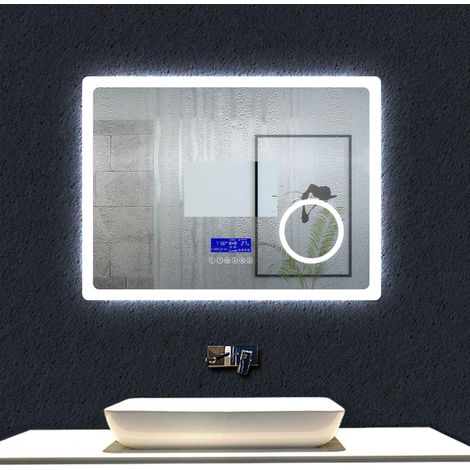 Ocean Sanitaire – Miroir lumineux de salle de bain 80cm x 60cm – LED réglables – Antibuée – Panneau LCD tactile avec Bluetooth – Miroir grossissant x3 - 80cmx60cm (1/5)