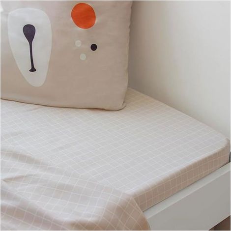 Drap Housse - COTE DECO - 90x190 cm - Motif Carreaux Beige et Blanc - Bonnet 25 cm - Microfibre