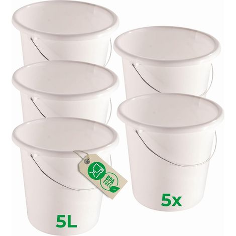 Novaliv 5 pièces seau 5L blanc avec échelle de mesure - seau de nettoyage 5 litres 22,5 cm Pratique et polyvalent avec échelle pour la maison et le