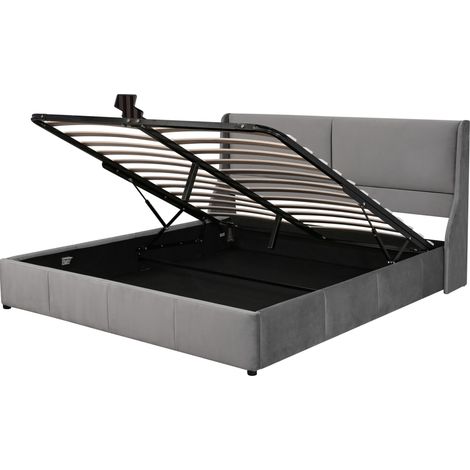 Cama arcón hidráulica tapizada gris 160 x 200 con cabecero orejero (1/5)