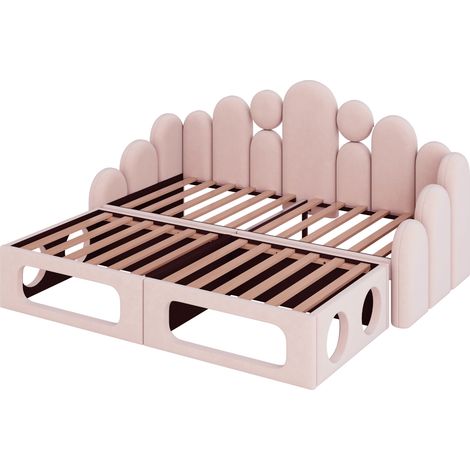 Canapé-lit rembourré avec lit pour animaux, lit rembourré multifonction 2-en-1 180200cm, avec tissu velours doux, sommier à lattes et dossier, rose. (1/5)