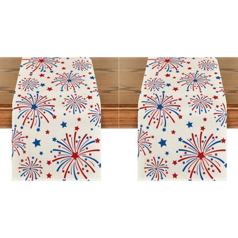 Camino de mesa beige con estampado de fuegos artificiales, decoración patriótica, ideal para las fiestas nacionales estadounidenses, 33 x 183 cm (2 piezas) (1/5)
