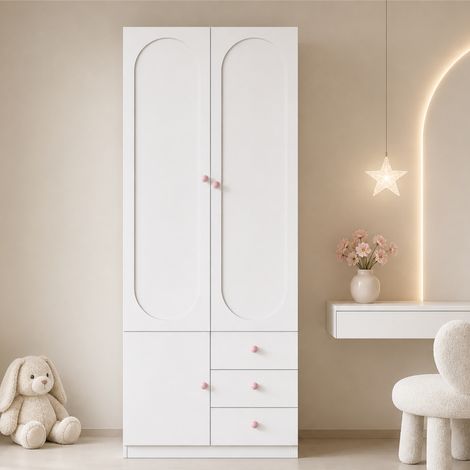 Armario infantil de dormitorio ropero 80x50x200 cm - Mueble organizador con 2 puertas y 3 cajones de madera mdf estilo nórdico moderno - Blanco y rosa pastel (1/5)