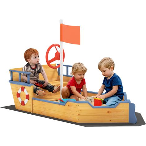 Piratenförmiger Sandkasten in Form eines Bootes mit Steuerrad, Flagge und Aufbewahrungskiste für Kinder