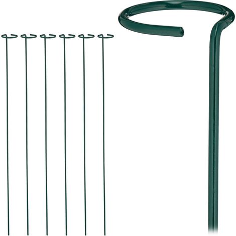 Relaxdays Rankhilfe 6er Set, Pflanzenhalterstab mit Blumenring, wetterfest, Blumenstütze aus Metall, 80 cm, dunkelgrün