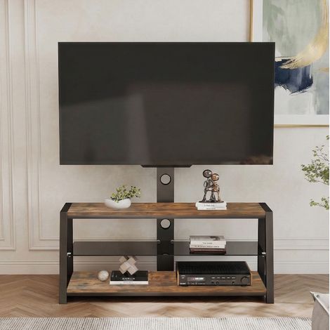 Mueble TV 116x42x125 cm marrón en MDF y metal con soporte giratorio regulable y 3 estantes (1/5)