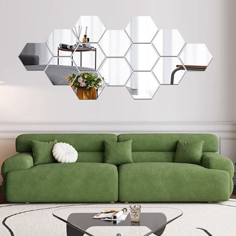 Lot de 12 miroirs acryliques autocollants muraux hexagonaux en plastique pour décoration d’intérieur, pour le salon, la chambre à coucher, au dessus du canapé ou de la télévision Argenté-Crezuo (1/4)