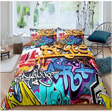 Housse De Couette - 90x190 cm - Taie D Oreiller 65x65 cm - Motif Graffiti Rock Hip Hop - Pour Enfants - 2 Pieces (1/4)