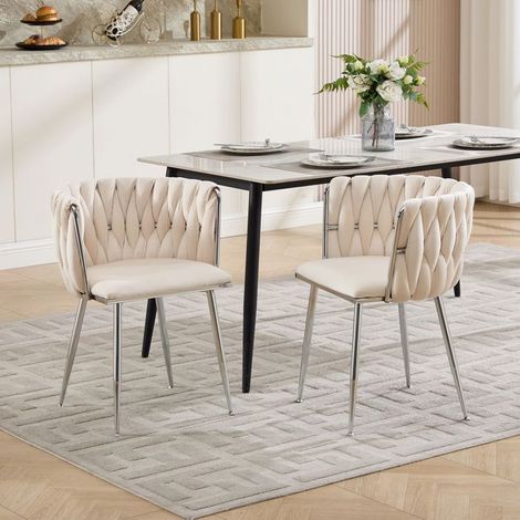 Chaise repas en velours chaise de cuisine assise tissée style moderne pieds argentés coloris ivoire lot 2 pièces (1/5)