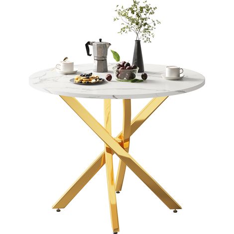 Table ronde de salle à manger 80 cm effet marbre, plateau MDF blanc, pieds croisés dorés, pour cuisine, salon et petit espace, style moderne  CHICFURN (1/5)