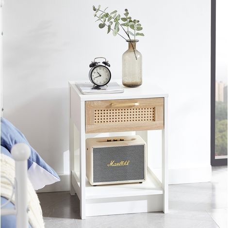 REDOM - Comodino con cassetto, design versatile, guide scorrevoli lisce, MDF, naturale e bianco (1/5)