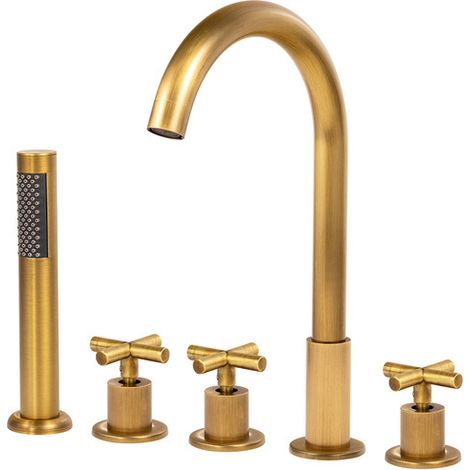 Robinet de baignoire sur plage 5 trous Silla, mitigeur bain en laiton, installation facile, design vintage, Doré ancien (1/5)