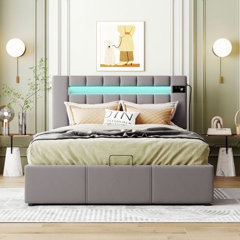 Lit coffre capitonné 140x200 avec bande lumineuse LED, lecteur Bluetooth et chargement USB, en tissu, gris (1/5)